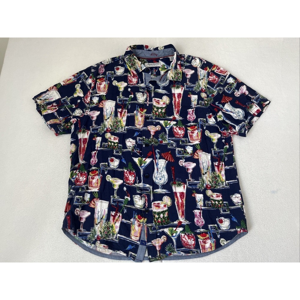 Tommy Bahama Shirt Mens L Veracruz Cay Cocktail Print EUC Cotton Hawaiian